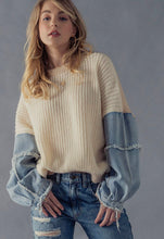 Load image into Gallery viewer, ADULT Denim Sleeve 2Tone Sweater w/ Removable Brooch