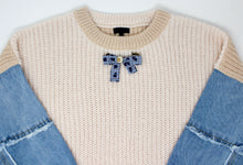 Load image into Gallery viewer, ADULT Denim Sleeve 2Tone Sweater w/ Removable Brooch