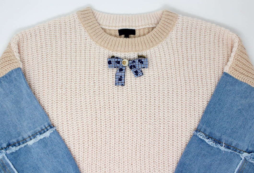ADULT Denim Sleeve 2Tone Sweater w/ Removable Brooch