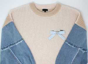 ADULT Denim Sleeve 2Tone Sweater w/ Removable Brooch