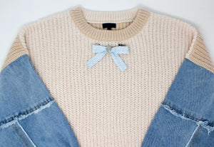 ADULT Denim Sleeve 2Tone Sweater w/ Removable Brooch