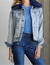 Load image into Gallery viewer, Customizable Denim Jacket w/ Detachable Navy Faux-Fur Collar